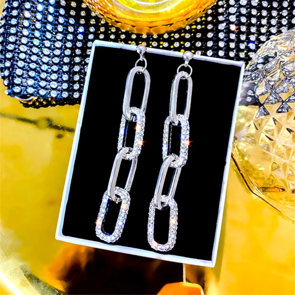 Silver Tone Rhinestone Chain Long Earrings